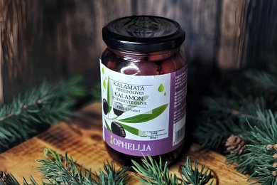 Оливки Каламата б/к в рассоле jumbo Ophellia, 370мл стеклянная банка, Греция